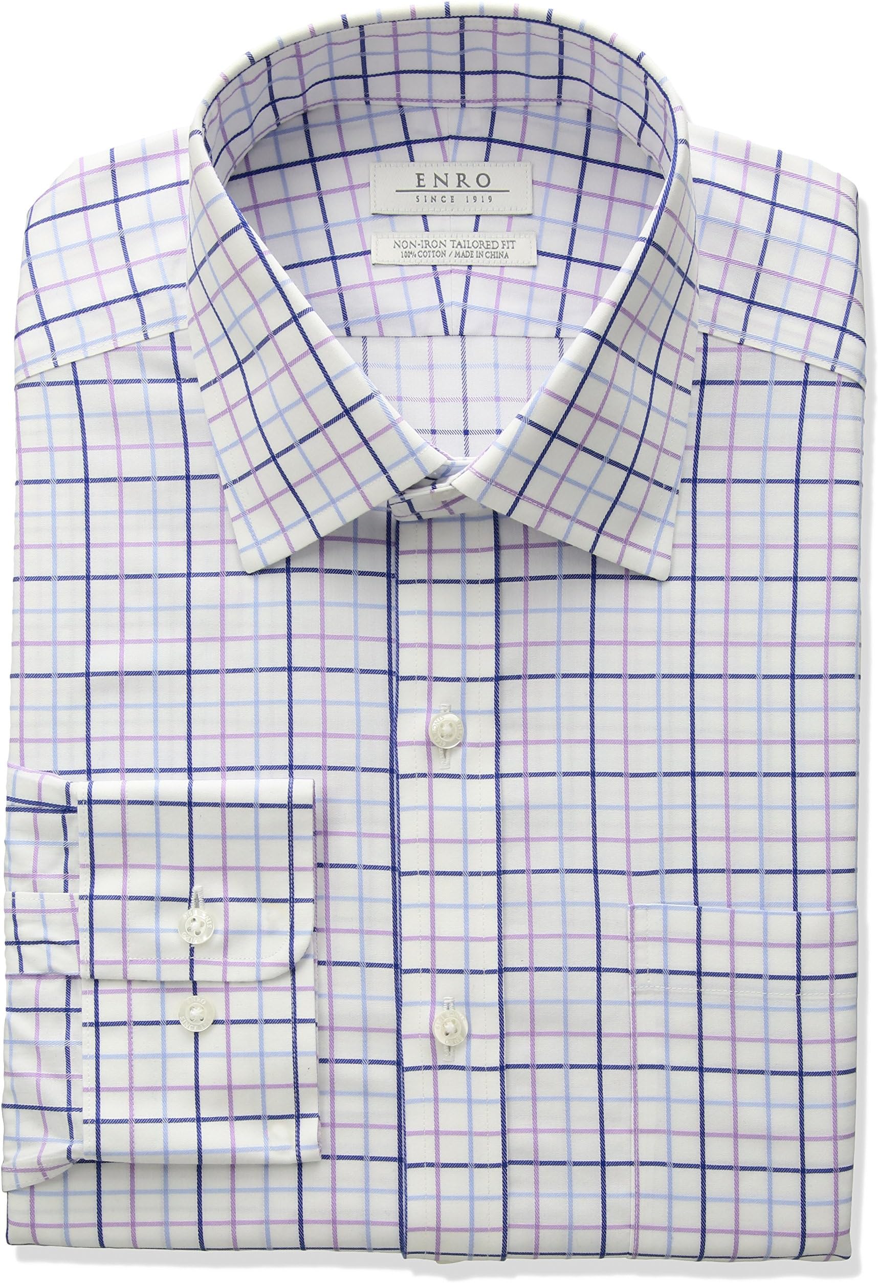 Enro Men's Tailored Fit Non-Iron Cotton Windowpane Dress Shirt
