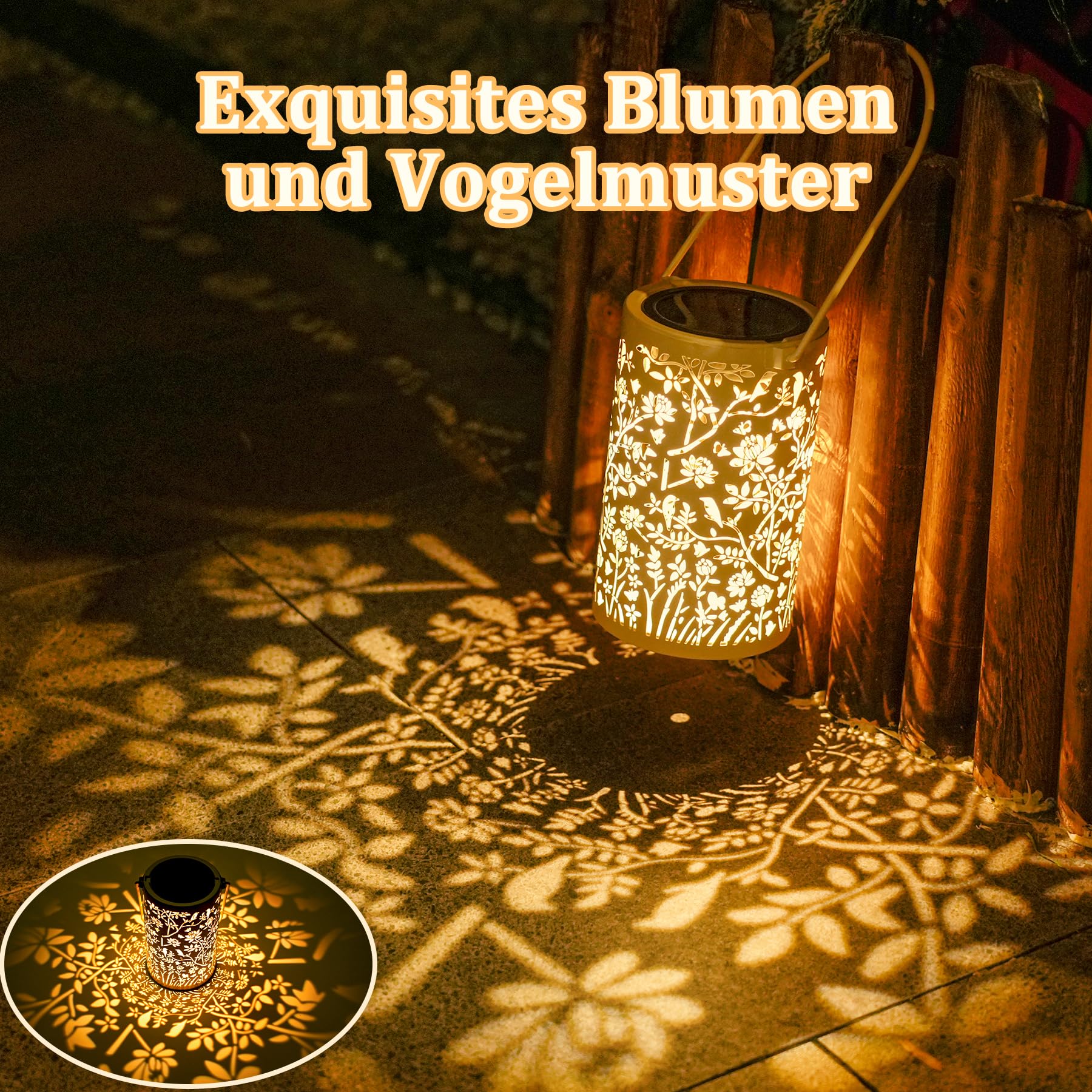Görvitor Weiß Solarlampen für Außen Hängend 4 Stück, Vintage Solarlaterne für Außen Metall mit Blumen & Vogel Muster, Solar Laterne IP65 Wetterfest für Tisch Gartenweg Balkon Weihnachtsdeko