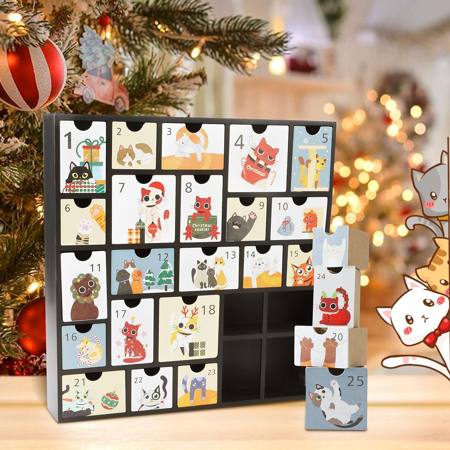 SUNGIFT Wooden Advent Calendar with Drawers - Refillable Christmas Countdown Calendar with Cute Cat Design for Gifts