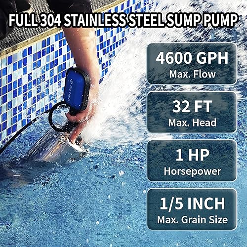 Vista 2 de FOTING Bomba de sumidero de acero inoxidable 304 completa con interruptor de flotador, bomba de agua sumergible automática de 1 HP 4600 GPH