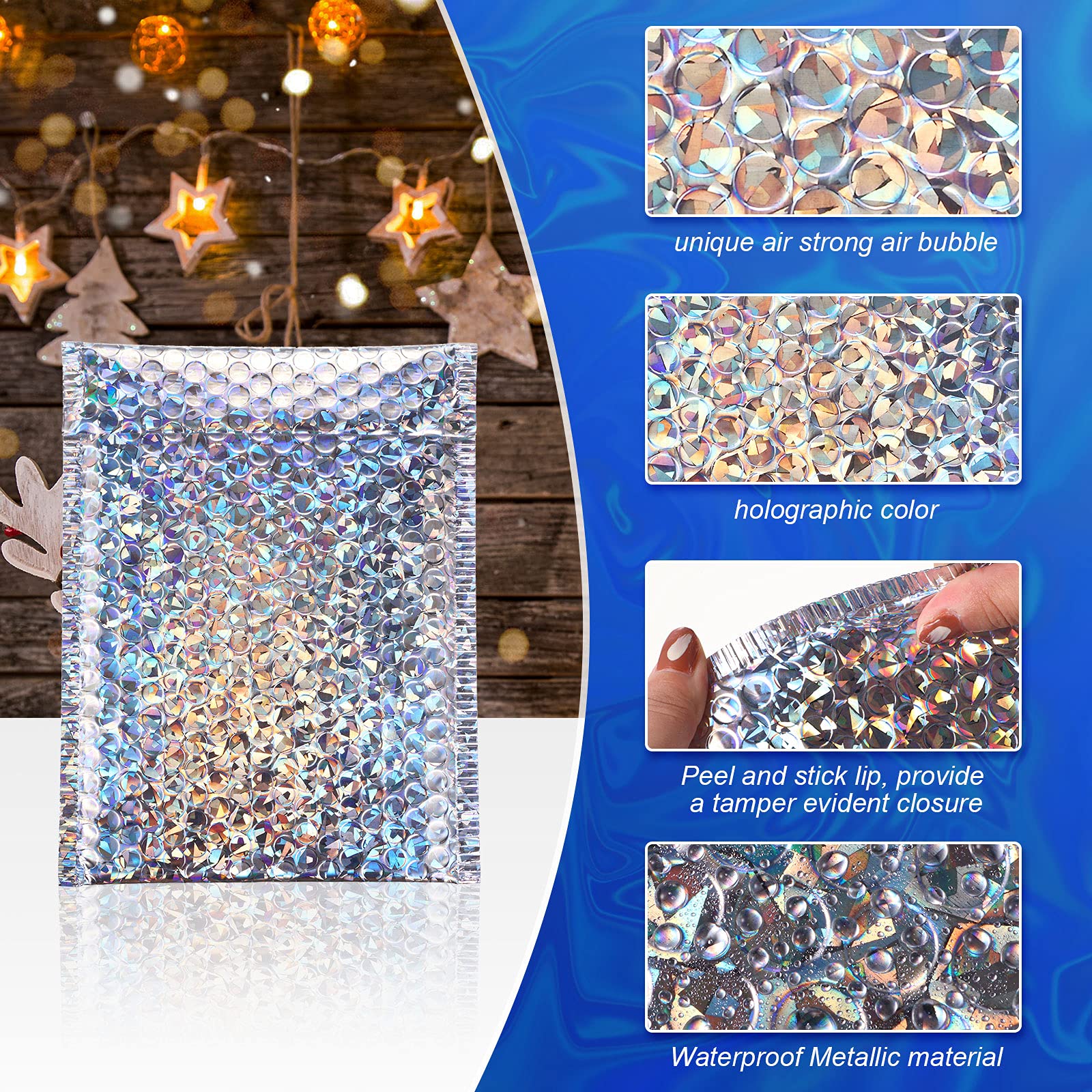 50 buste imbottite metallizzate con bolle per spedizione, buste in polietilene, con glitter imbottite, chiusura adesiva, buste per spedizioni di imballaggi (colore arcobaleno)