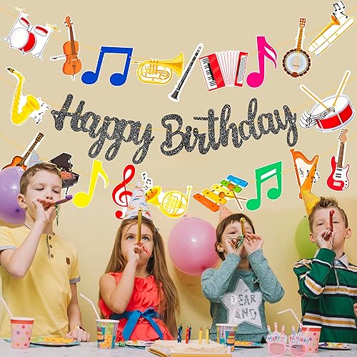Miniatura 8 de Cartel de fiesta de cumpleaños con purpurina negra para instrumentos musicales, guirnalda de instrumentos musicales para tema de músico, suministros