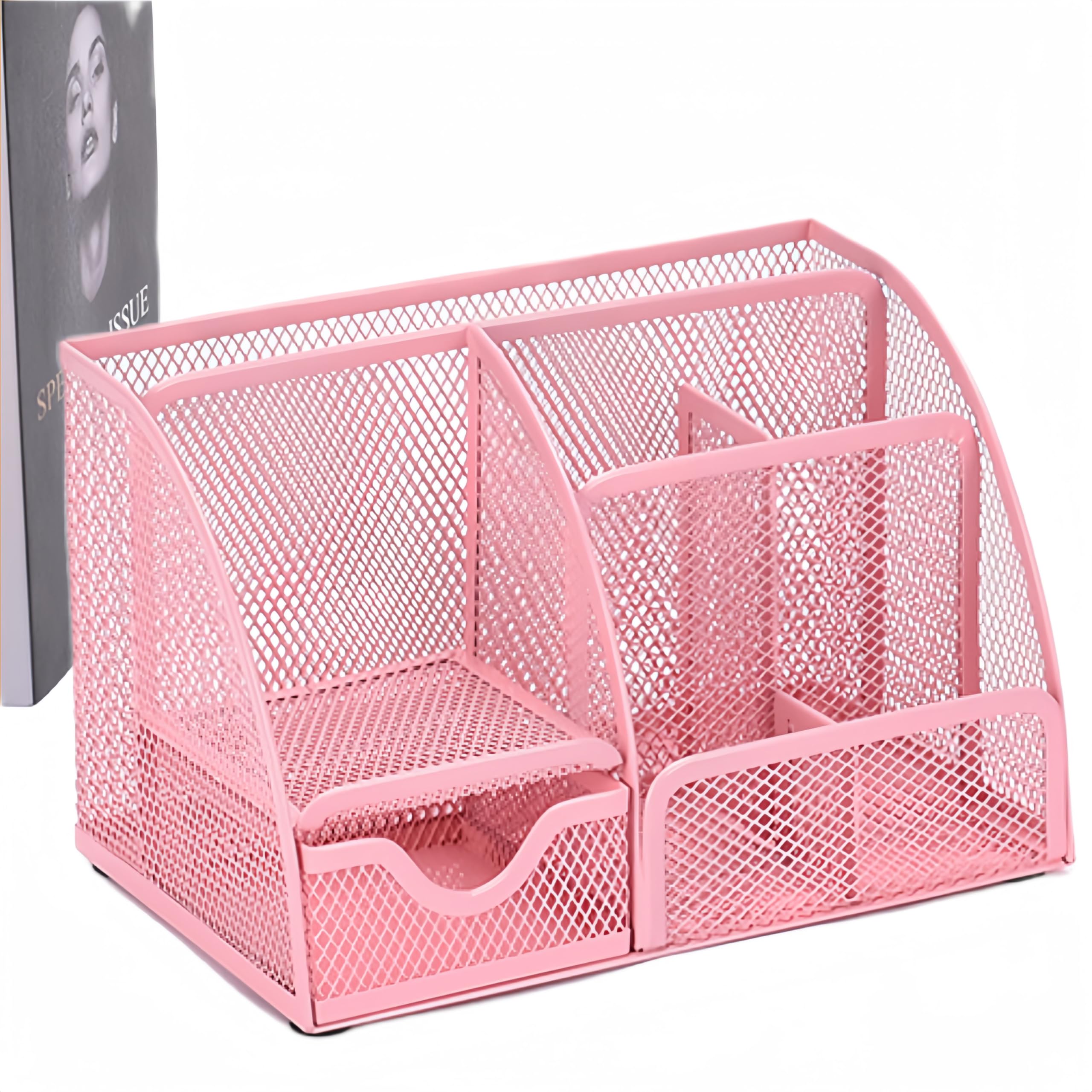 NBBENG Mesh Desk Organiser, Minimalist Pink Desktop Organiser with 6 Compartments