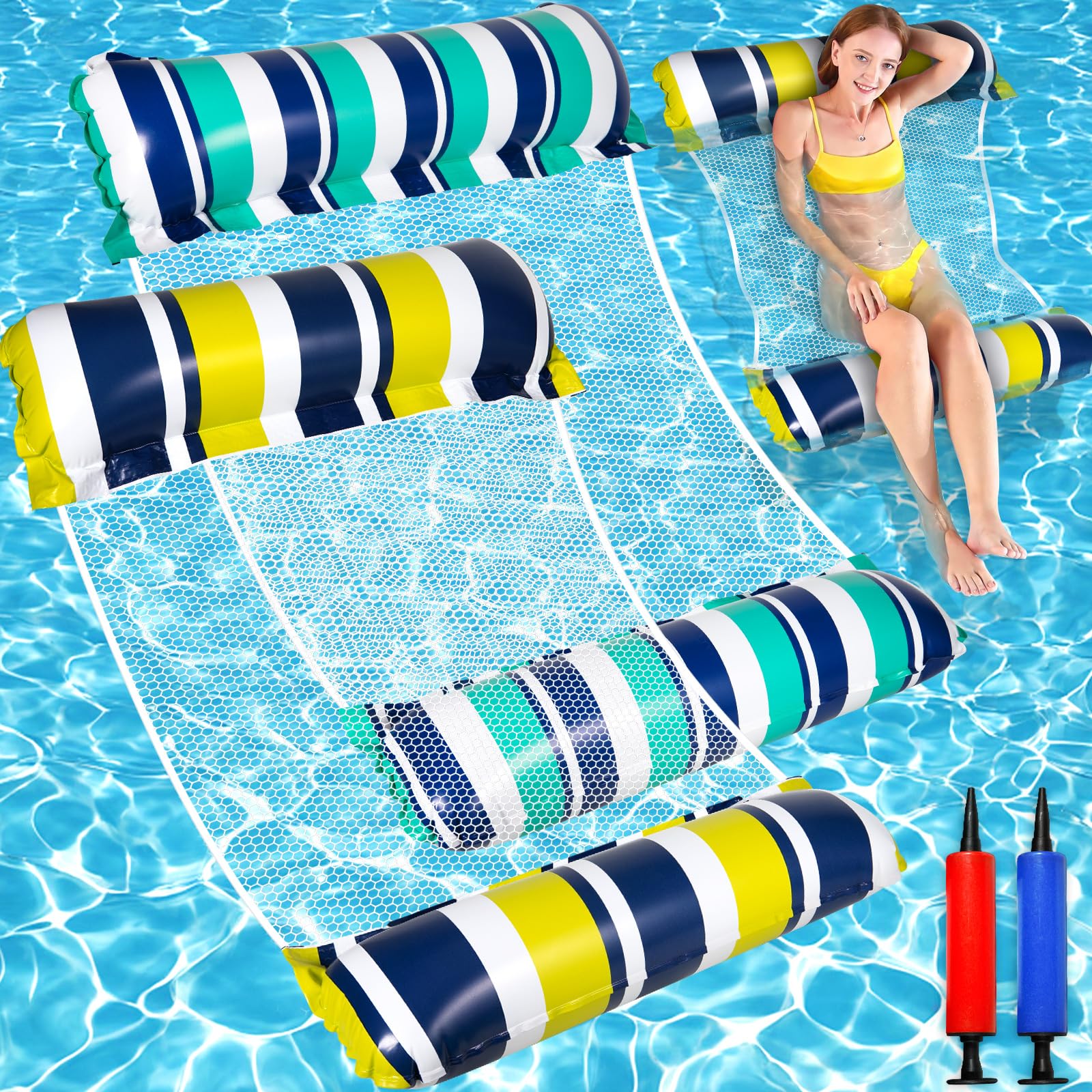 VIPNAJI Colchoneta Hinchable con Reposacabezas, Juego de 2 Hamaca Flotante,4 en 1 Flotadores Piscina,Hamaca de Agua Multipropósito,Hinchable Piscina Tumbona Plegable con Bomba de Aire