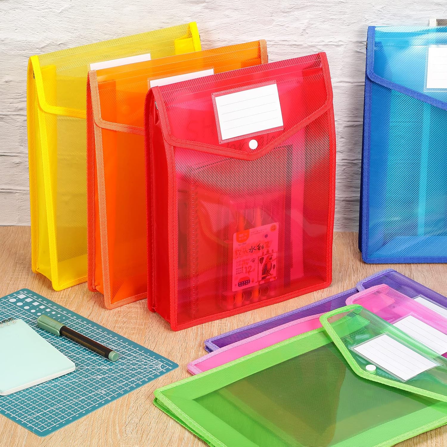 10 Pieces Plastic File Folders Envelope Expanding File Wallet Organizer Documents Folder with Snap Closure and Pocket, A4 Size Waterproof Transparent Pouch(Assorted Color,Vertical)