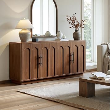 Evermagin 67 Arched Walnut Buffet Cabinet with Storage, Large Credenza with 4 Doors, Wood Mid Century Modern Sideboard for Kitchen and Living Room (67*31.5*15.7)