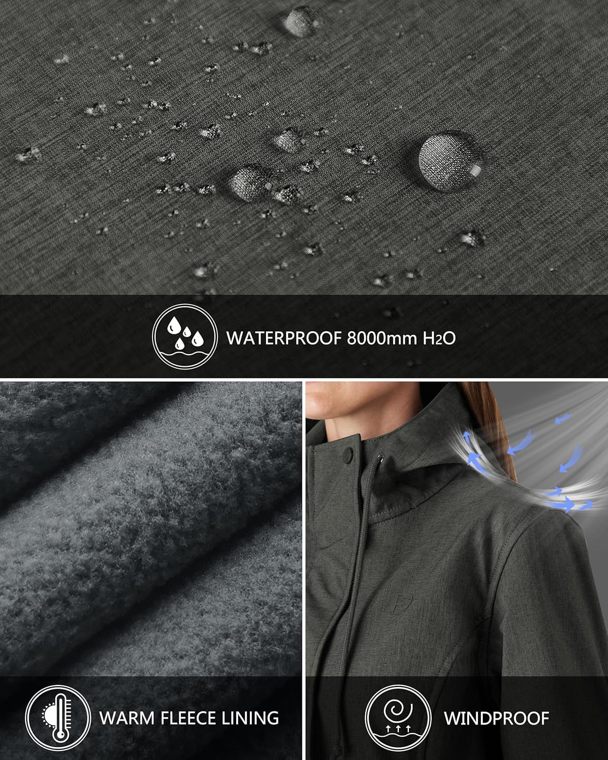 Outdoor Ventures Women's Lightweight Waterproof Fleece Lined Hooded Softshell Rain Jacket, Warm Windbreaker Long Coat - Image 3