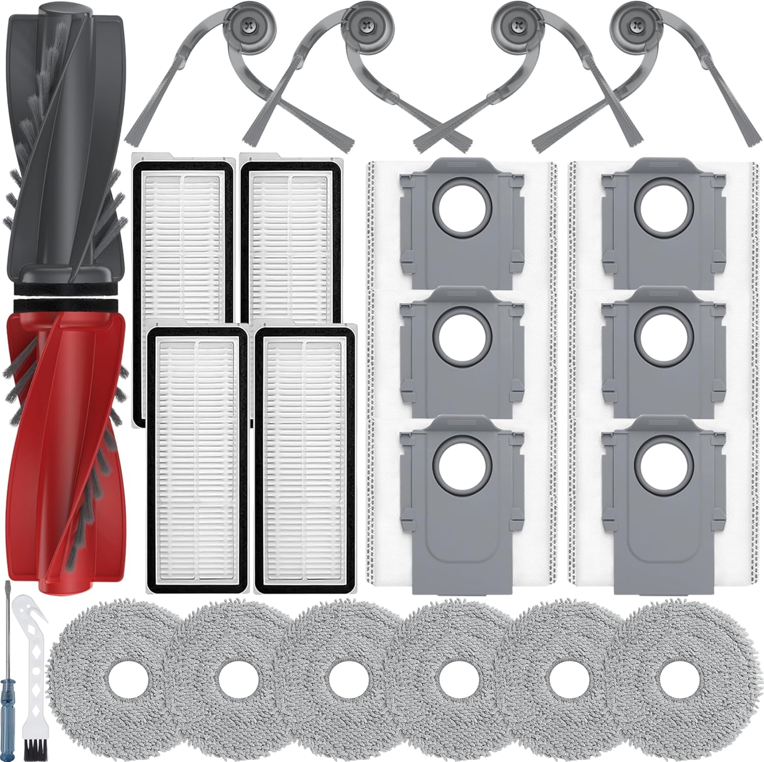 24Pcs Replacement Parts for Roborock Qrevo Curv/Curv S5X/Qrevo Edge/Edge S5A/Qrevo S5V Vacuum Cleaner Accessories,1 Main Brush 4 Side Brush 4 Hepa Filters 6 Vacuum Bags 6 Mop Pads