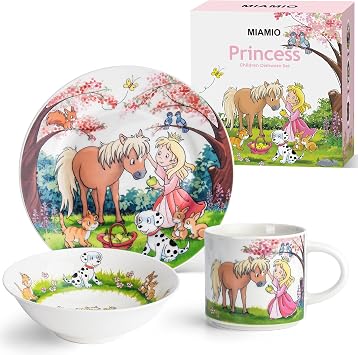 MIAMIO Set of 3 Kids Dinnerware Set/Porcelain Children Dishes, Kids Dish Set, Childrens Tableware Set - Includes Plate, Bowl and Cup For Kids and Toddler Princess