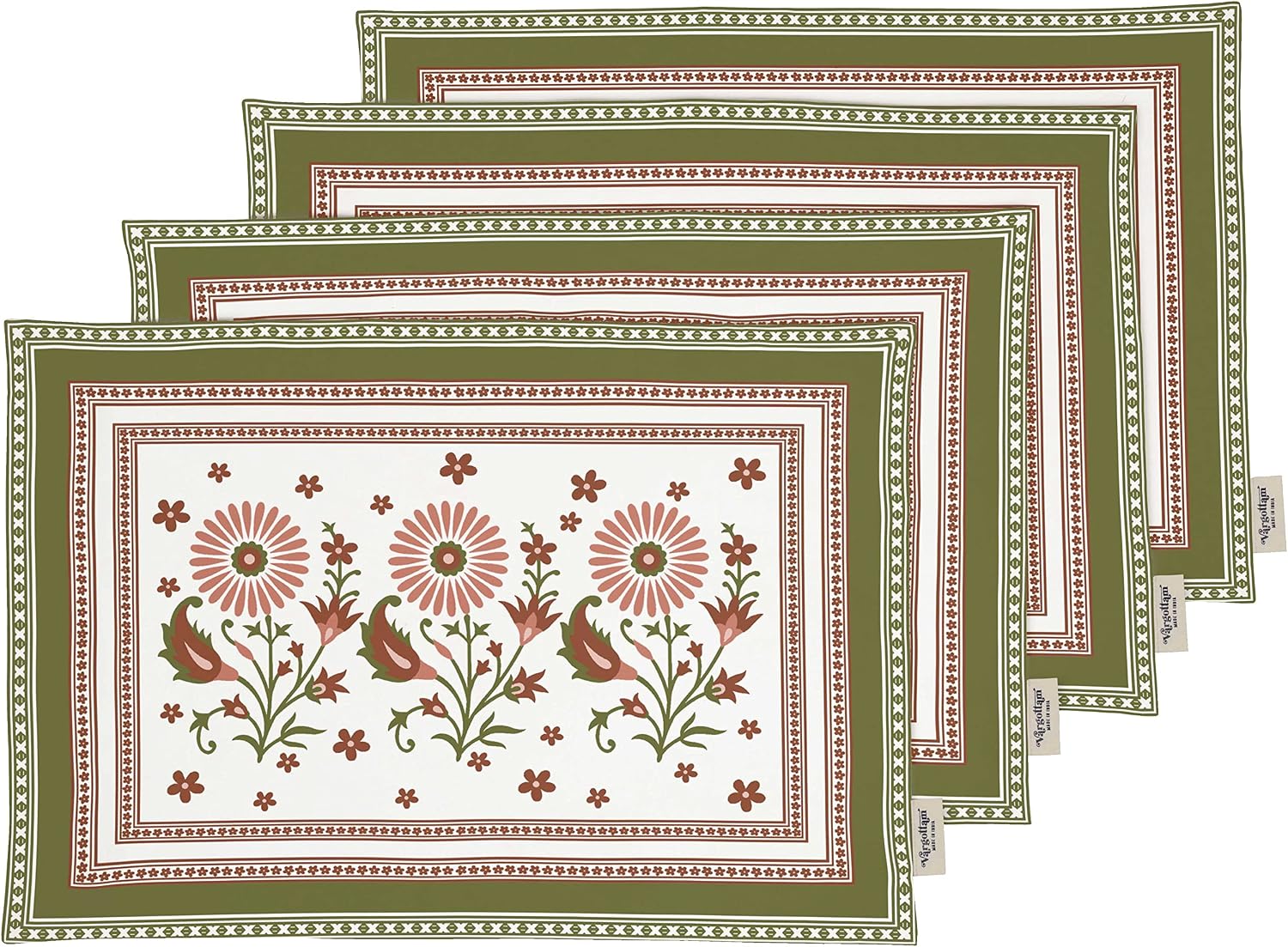 Placemats - Placemat for Dining Table, Set of 4- Printed & Reversible Cotton Napkin- Indoor Placemats for Home & Kitchen Dining Table- Asian Block (White & Green)