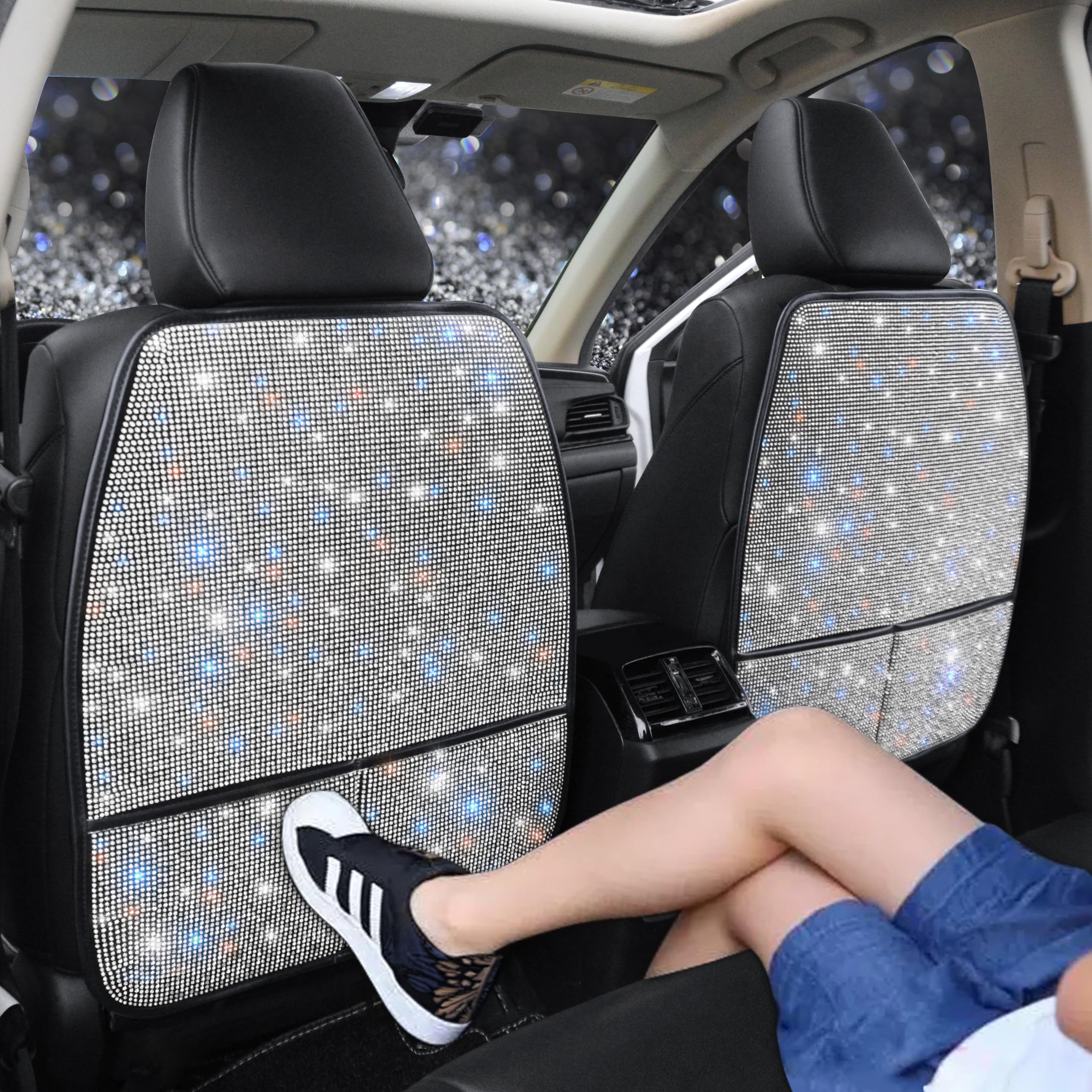 Bling Crystal Car Seat Back Kick Protectors with Storage Sparkly Diamond Kick Mats Universal Seat Protector for SUV