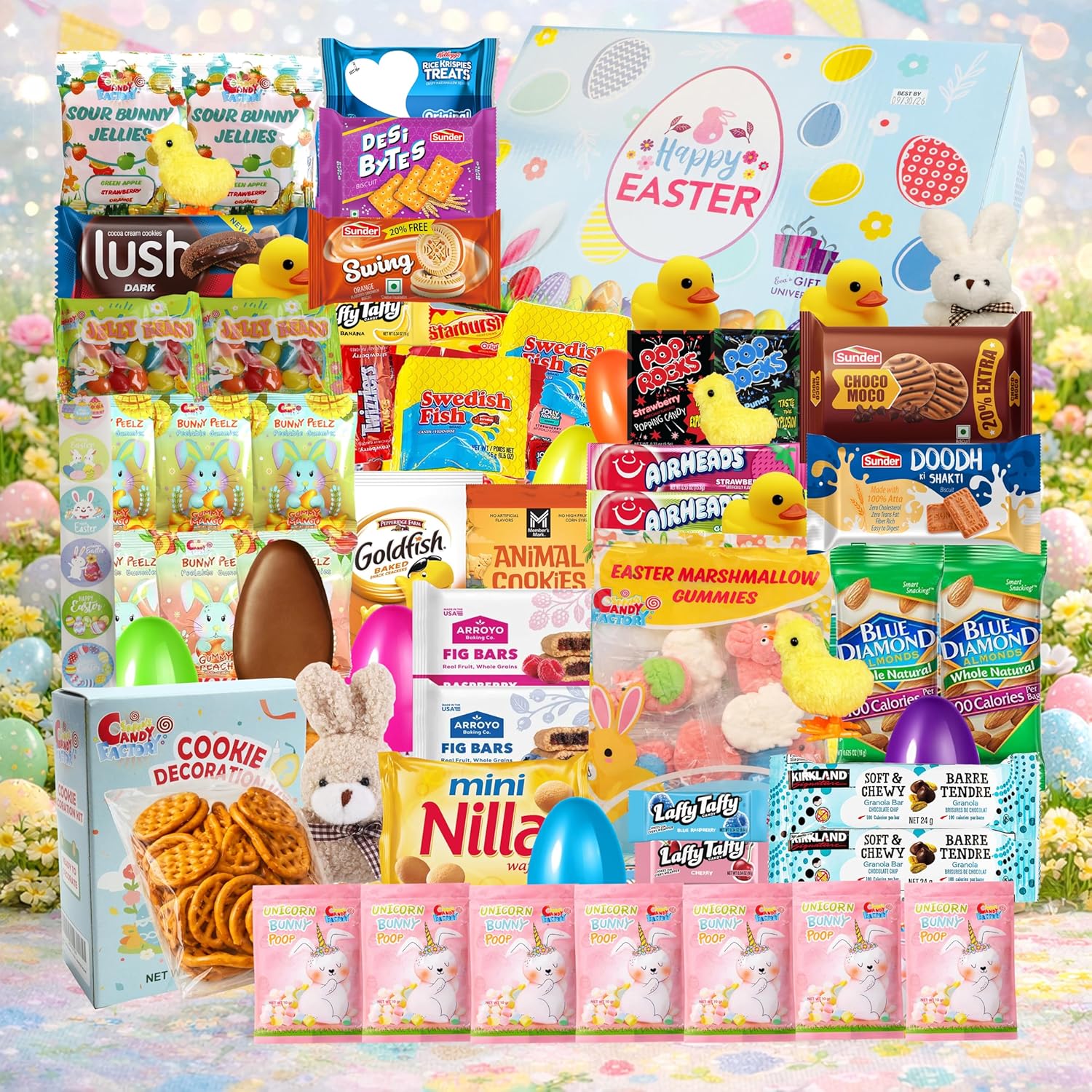 Easter Gift Basket (82 Count) Care Package with Treats Snacks Cookies Candy Gift Box for Friends, Family