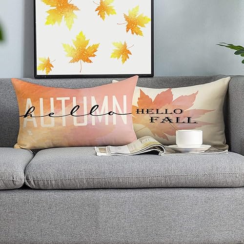 Miniatura 3 de Juego de 4 fundas de almohada de otoño de 12 x 20 pulgadas, diseño de calabaza y hoja de arce con texto en inglés "Hello Fall Happy Harvest" para