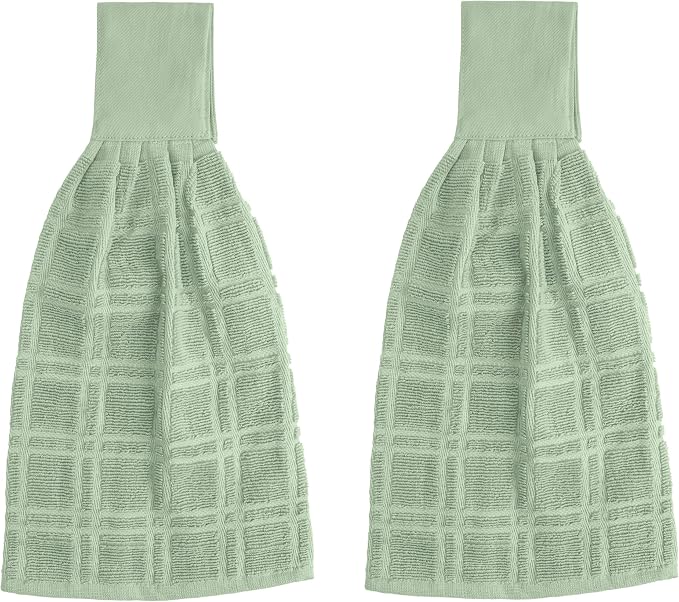 Blue Needles Hanging Kitchen Towels - Sage Green 100% Cotton Solid Kitchen Tie Towel, Set of 2 Hand Dish Cloth with Hanging Loops 9 x 17 Inches, Absorbent, Super Soft, and Fast Drying Home Essential