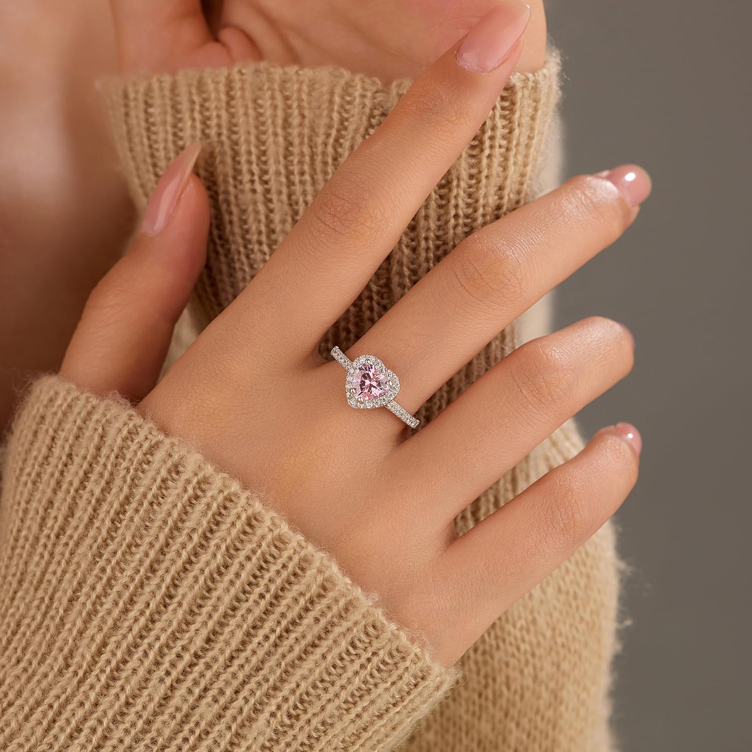 Dainty Pink Heart Rings for Women 925 Sterling Silver Promise Rings for Her Cubic Zirconia Eternity Engagement Wedding Band Purity Ring Mother Daughter Friendship Ring Birthday Valentine Jewelry Gifts - Image 4