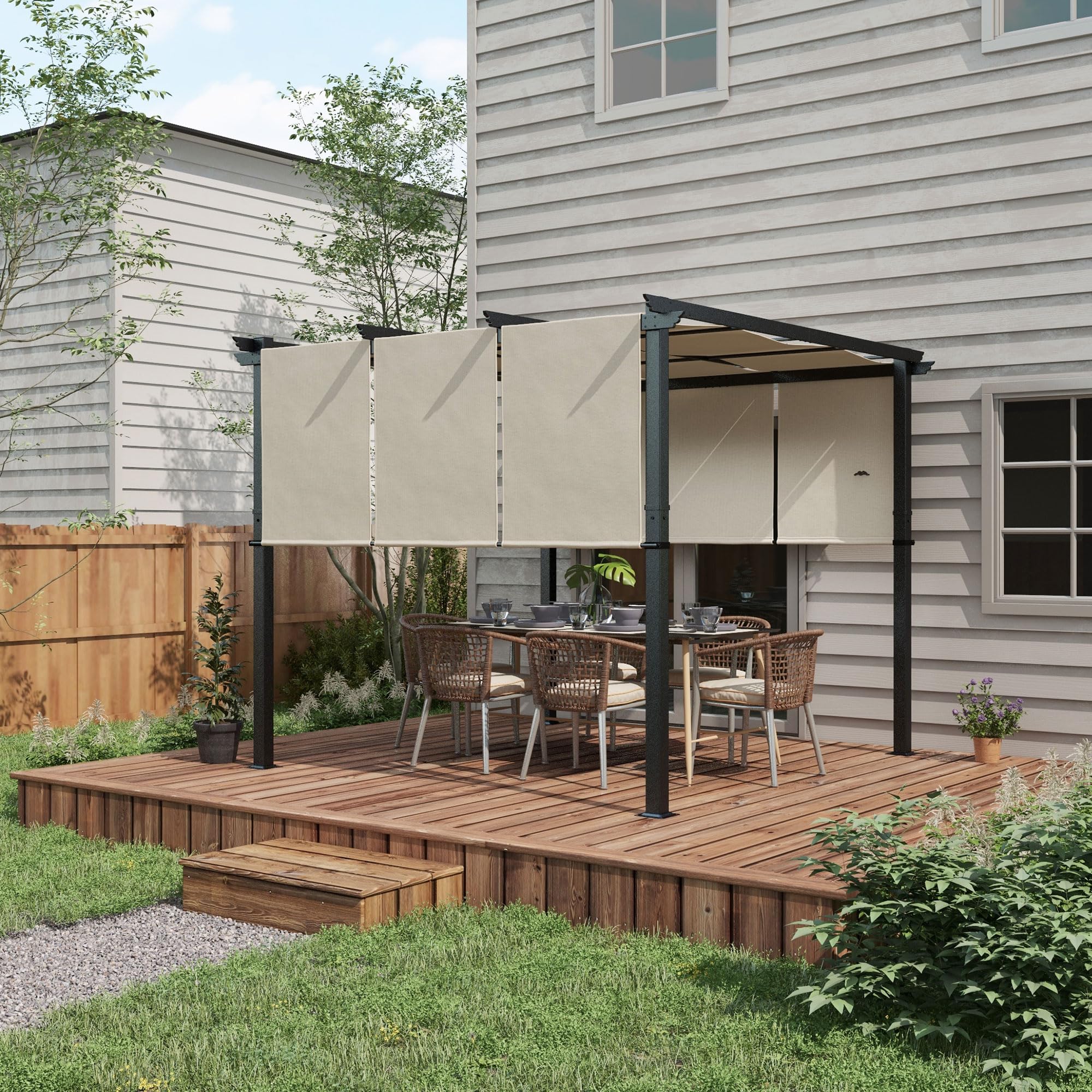 Outsunny Pergola avec 3 Toiles Coulissantes 3 x 3 x 2,38 m, Structure Acier Noir, Toile Polyester Haute Densité Beige