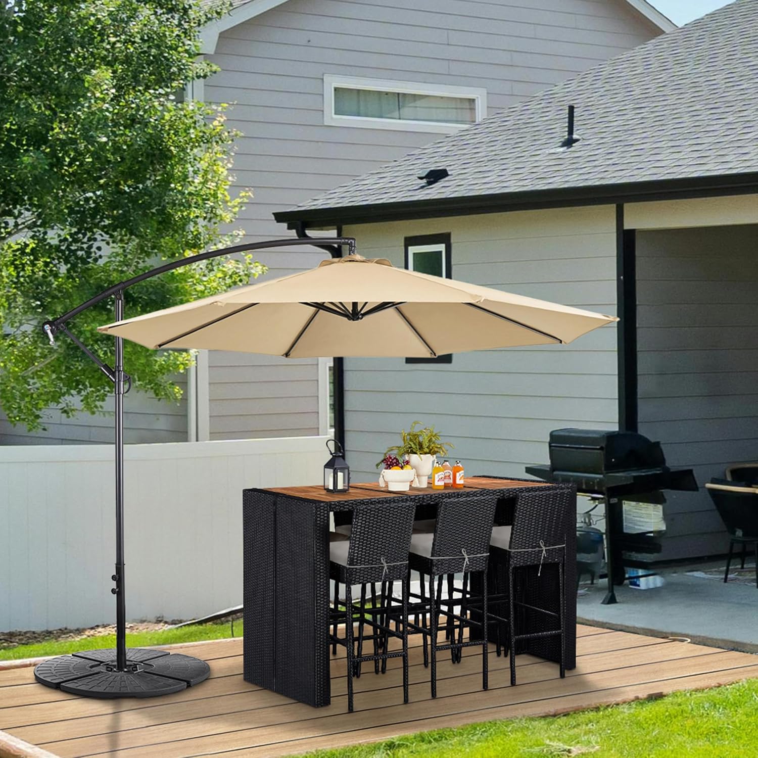 Yaheetech 10 FT Patio Offset Umbrella with 32 LED Lights & Base Cantilever Outdoor Hanging Sun Shade with Fillable Patio Umbrella Base Stand