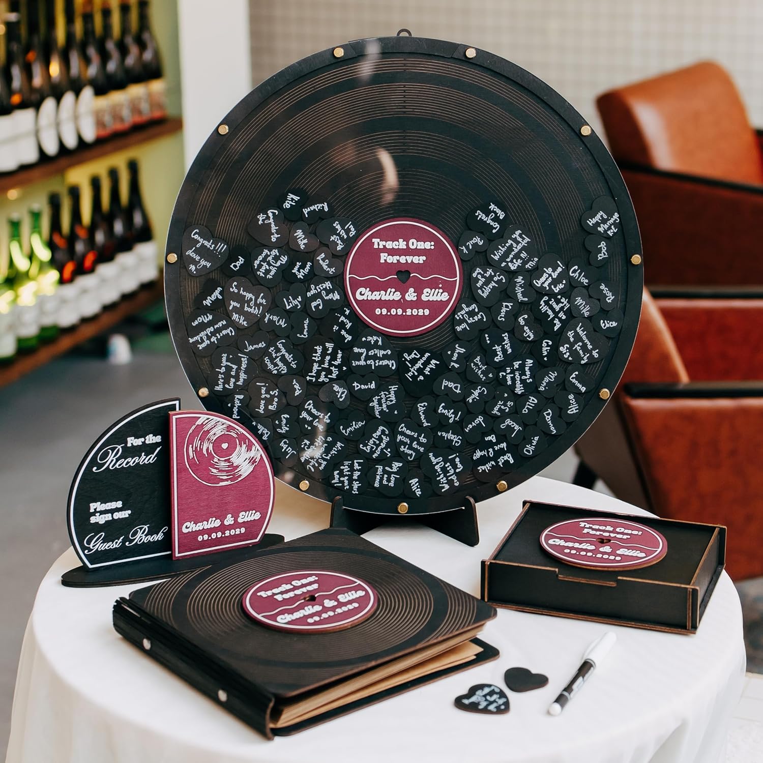 Custom Wedding Guest Book Alternative – Personalized Vinyl Record Guestbook – Unique Wood Personalized Sign-in Book for Wedding Reception Decor, Bridal Shower, Engagement, Anniversary Celebration