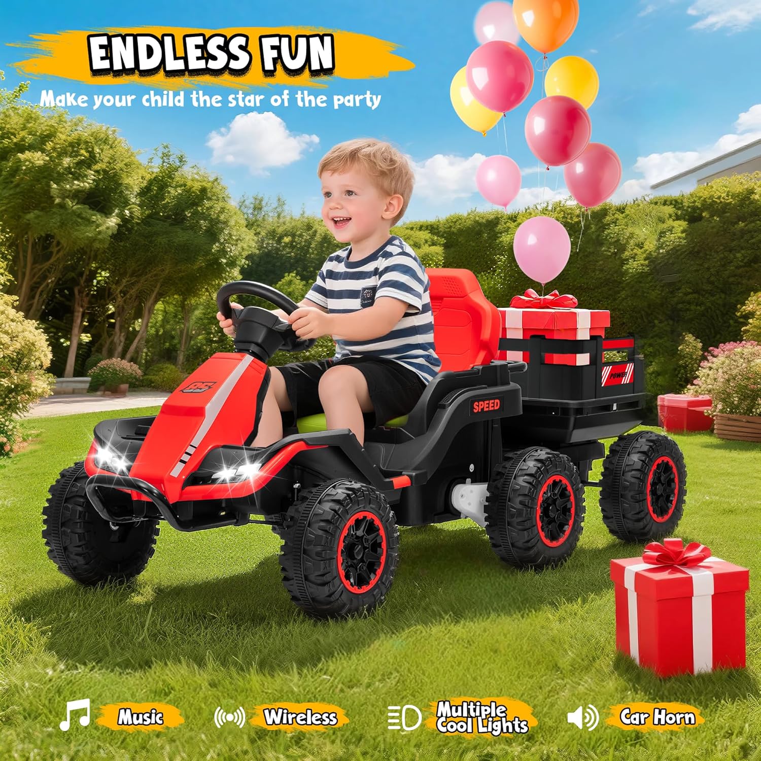 24V Ride On Toy for Big Kids with Trailer, 2x200W Motor, Electric Car for Kids w/Remote Control, Soft Start, Max 5MPH, Music & Wireless, Shock Absorbers, 4 Wheeler Ride On Car, Red