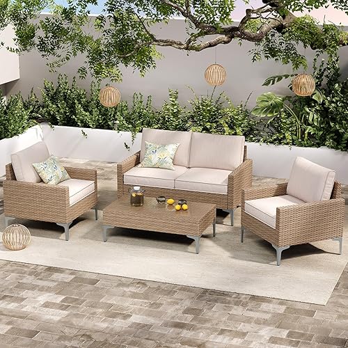 4-Piece Patio Furniture Set, Outdoor Wicker Sectional Sofa with Coffee Table, Anti-Slip & Thick All-Weather Cushions for Garden, Poolside, Backyard, Beige