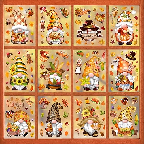 BORAMDO Fall Thanksgiving Window Clings 14 Sheets, Gnome Leaf Turkey Decals Stickers, Removable Autumn Decorations for Glass Windows, Holiday Home