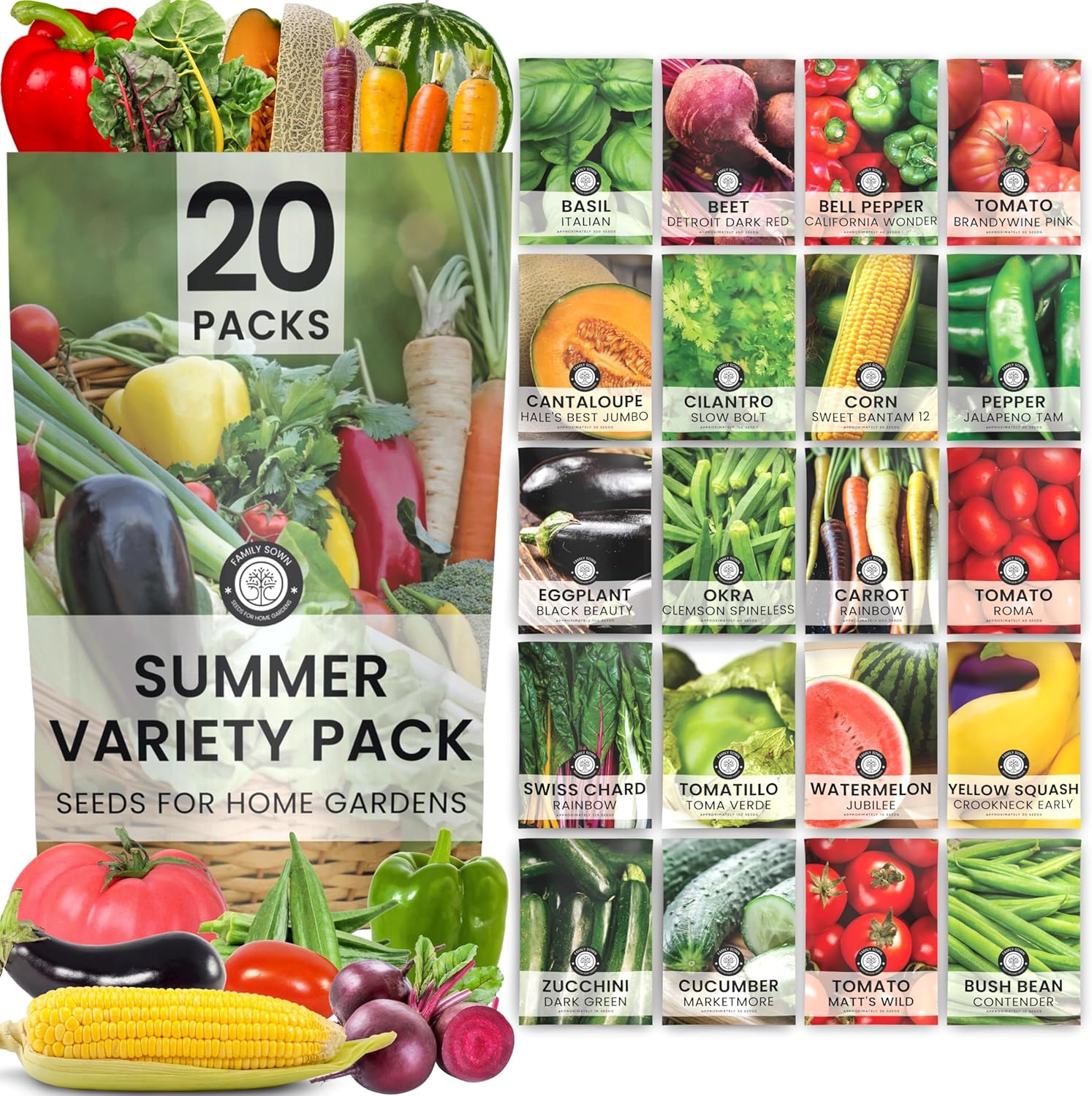 Family Sown Summer Garden Seeds Variety Pack: 20 Non-GMO Individual Packs | Tomatoes, Squash, Melon, Herbs & Veggies | 2026 Season Indoor/Outdoor
