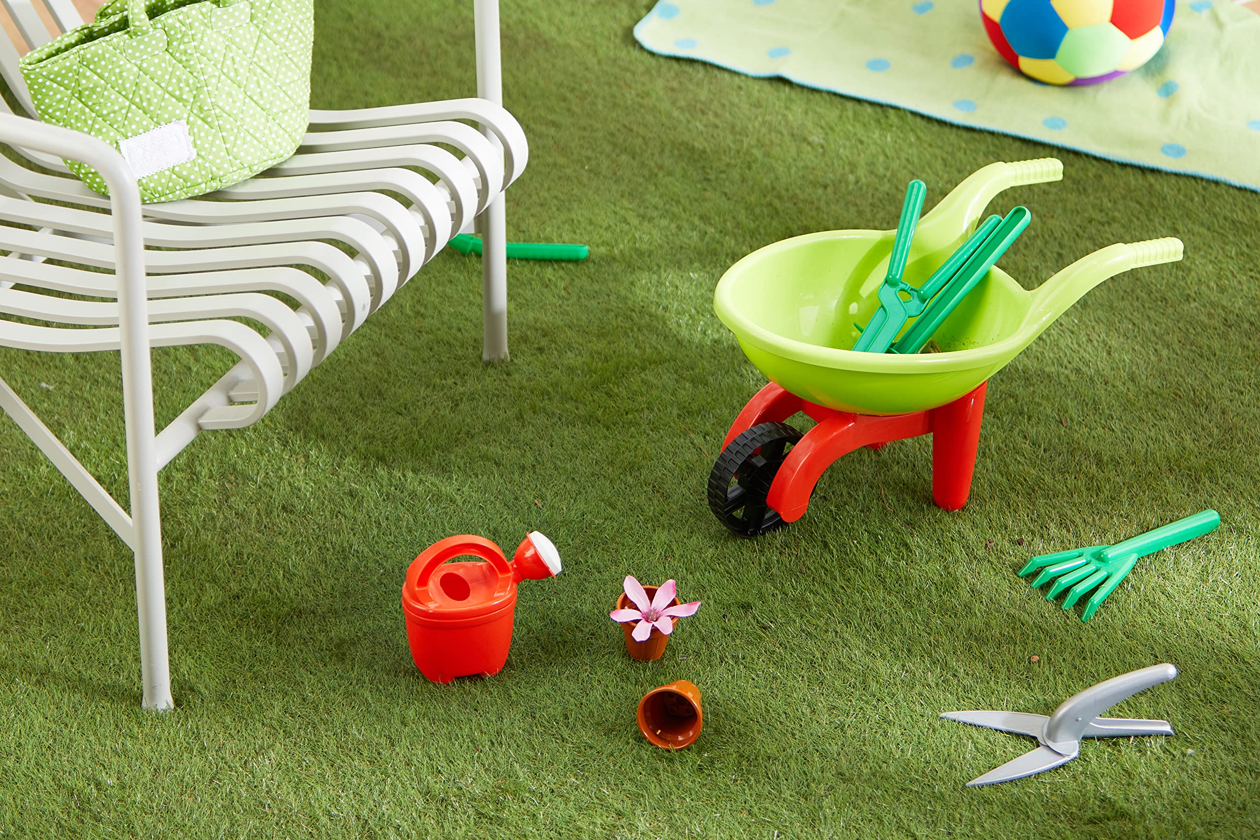 Simba 107137758 - Schubkarre mit Gartenwerkzeug, 9 Teile, Länge 49cm, Sandkasten, Sandspielzeug