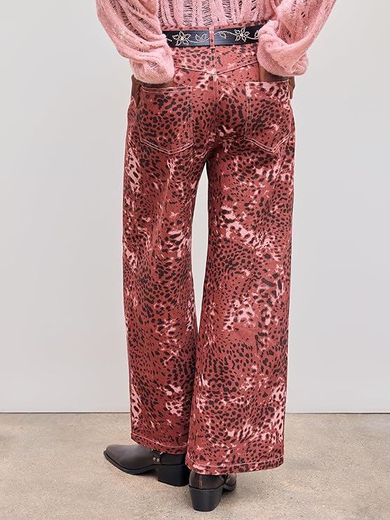 CIDER Denim Mid Waist Leopard Wide Leg Pants, Wine, X-Small