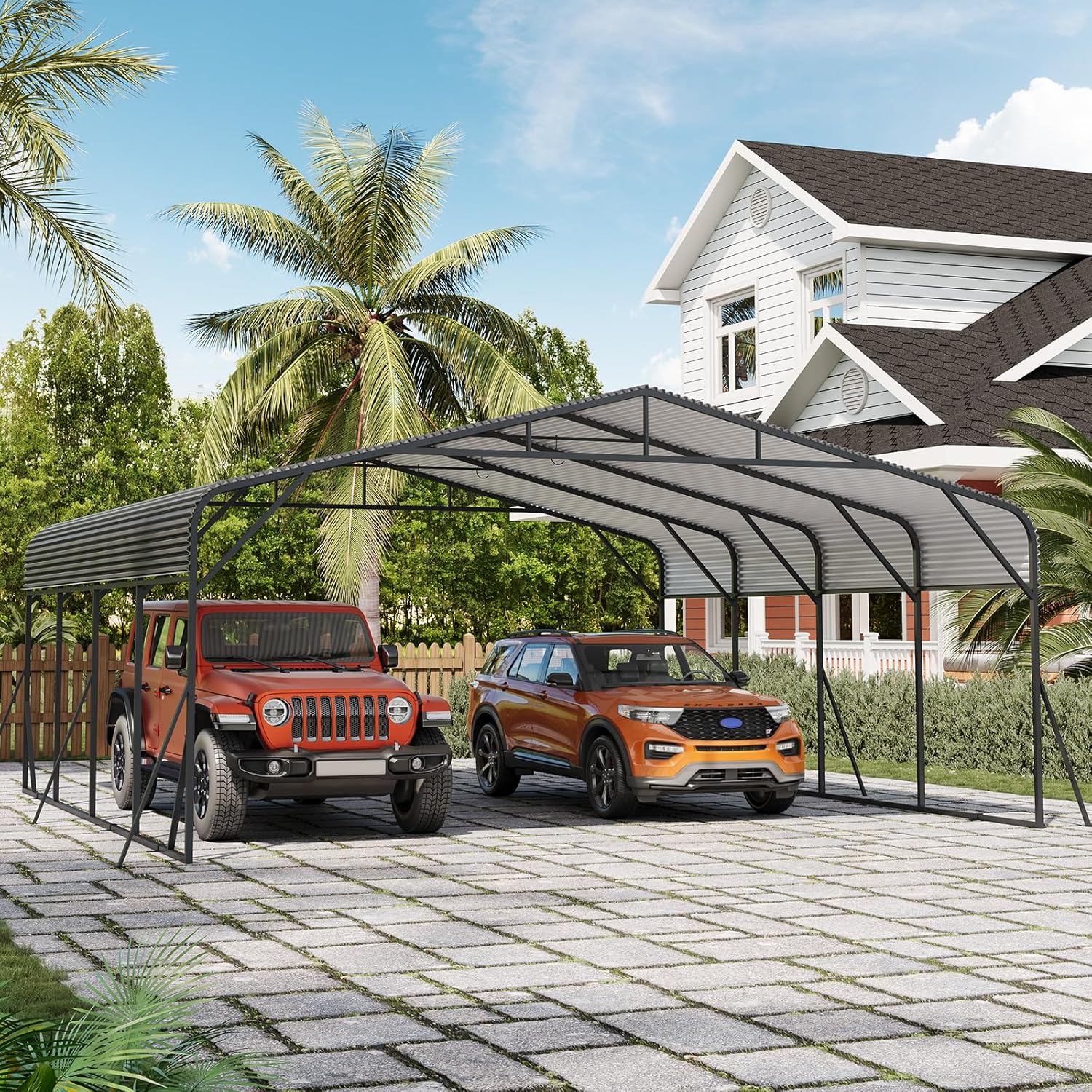 Garvee 20X20 ft Metal Carport, Garage Shelter Shade, Outdoor Car Port Canopy with Reinforced Base & Galvanized Steel Roof