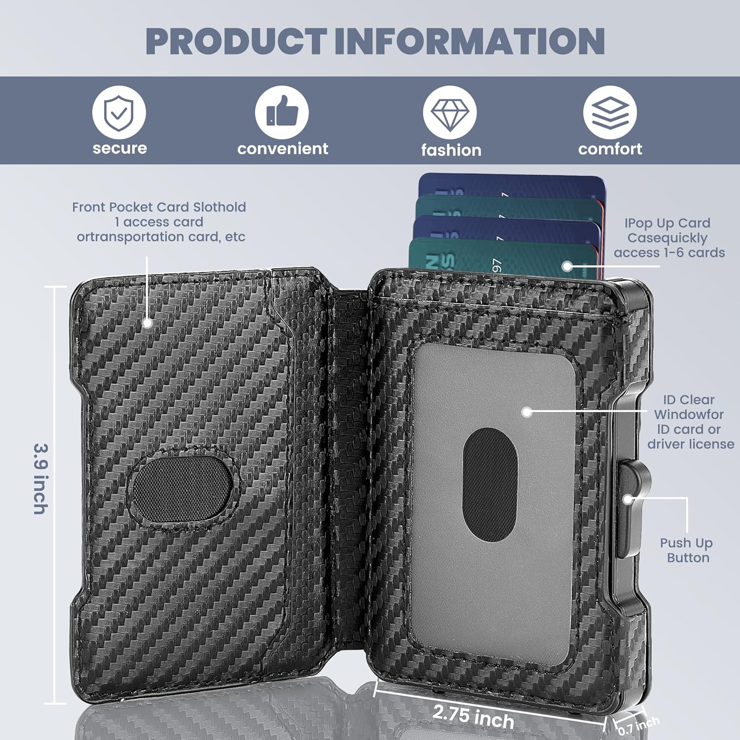 Airzoo Wallet for Men, RFID Blocking Slim Mens Wallet with Money Clip, Minimalist Pop Up Card Case, ID Window, 9-11Cards Capacity, Bifold Leather Front Pocket Wallet with Gift Box (Black-Carbon Fiber)
