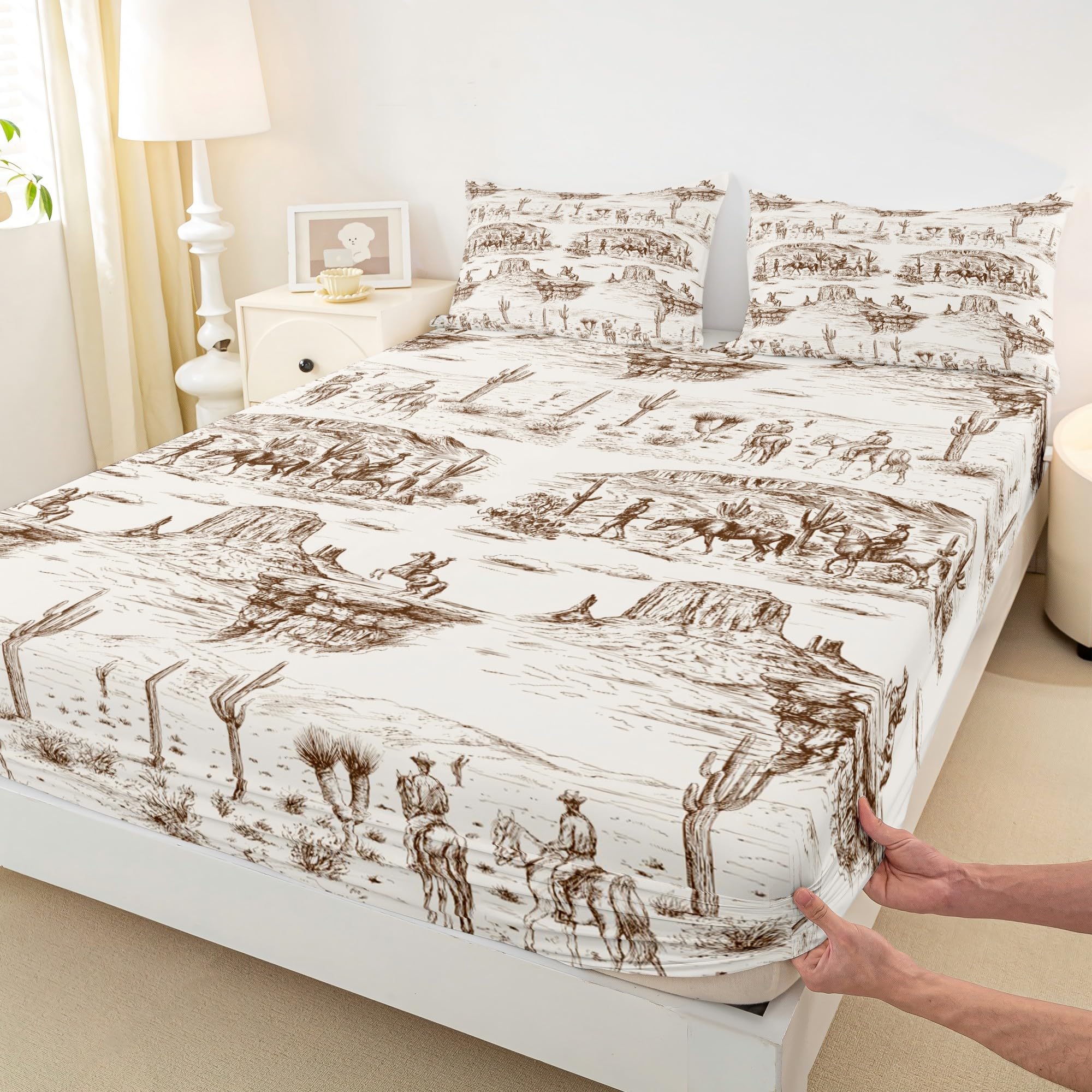 Western Cowboy Fitted Sheet Full Size,Brown Sketch Desert Wild Horse Bedding Set for Kids Boys Men Girls Bedroom Decor Rustic Farmhouse Bed Sheet Wild Animals Deep Pocket Sheet ( No Flat Sheet)