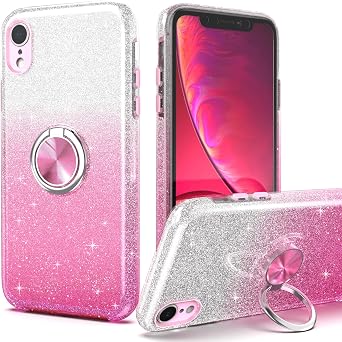 for iPhone XR Case,Slim Glitter Sparkly Case with 360Ring Holder Kickstand Magnetic Car Mount Shock-Absorbent Protective Sturdy Cover for iPhone XR 6.1" for Girls Women, Pink