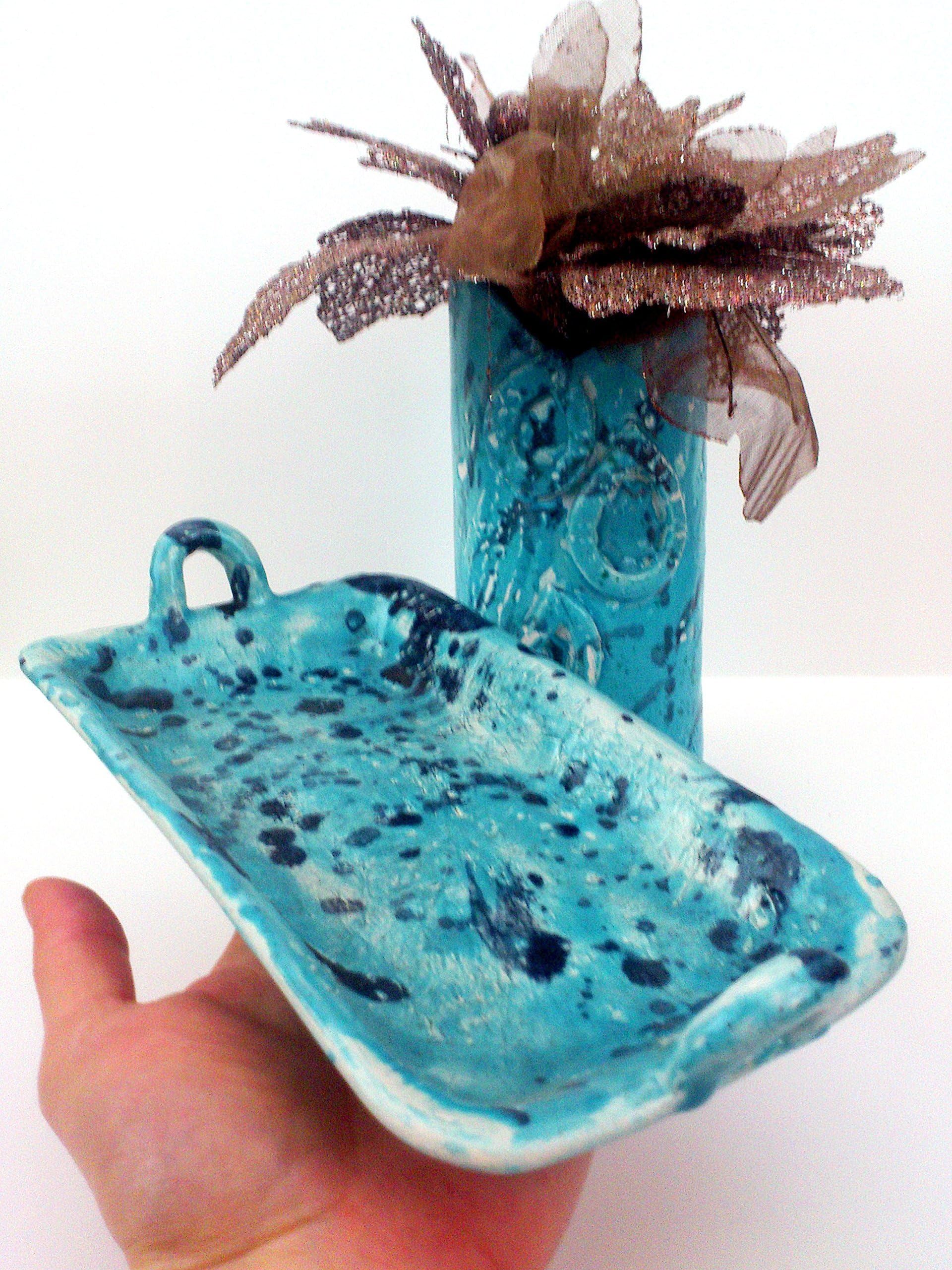 Blue Vase and Tray - Ceramic pottery set - Decorative Plate - Unique Vase - Handmade pottery - Tables decor