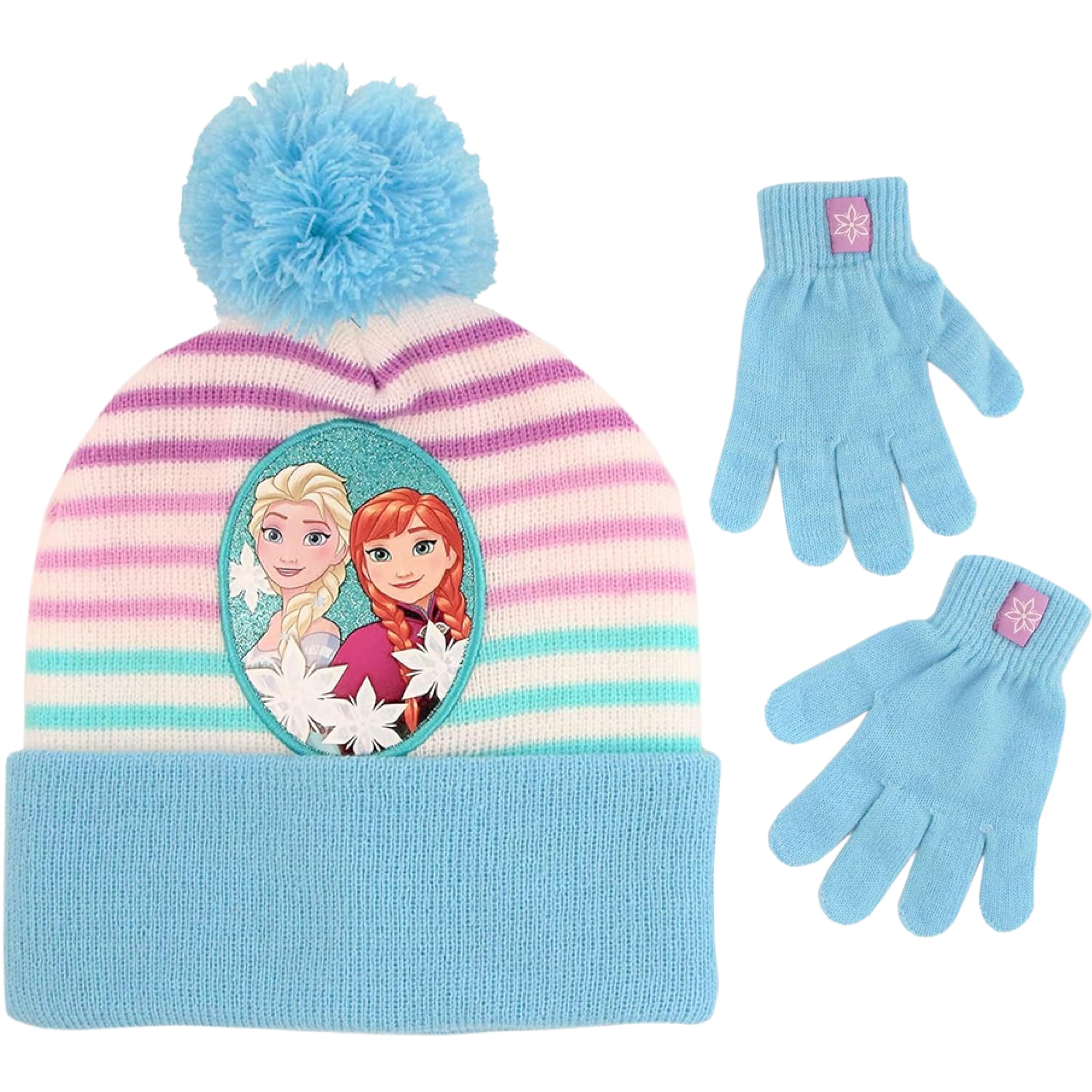 Disney Girls' Frozen Winter Hat and Kids Gloves Set, Elsa and Anna Beanie for Ages 4-7, Blue/White, 4-7 Years