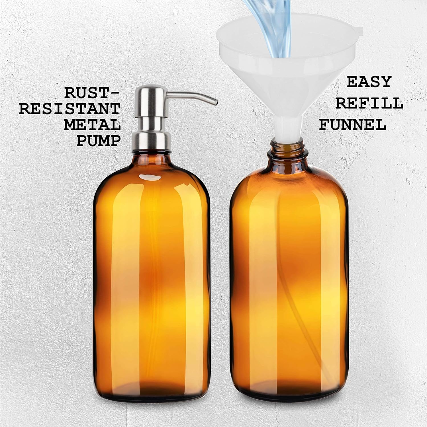 Kitchentoolz Large Pump Bottle - 32 Ounce Shampoo and Soap Dispenser - Amber