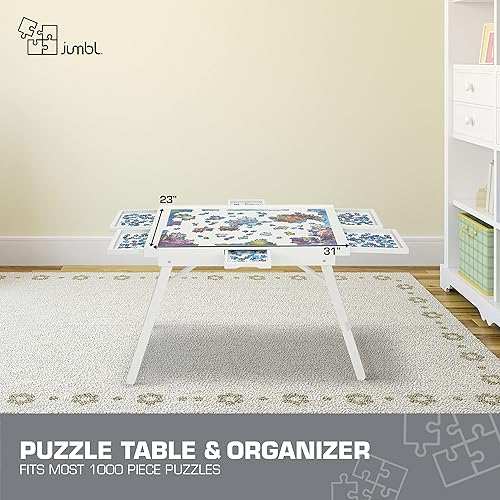 Miniatura 10 de Jumbl Estante para tablero de rompecabezas de 1500 piezas con paspartú, mesa de rompecabezas de madera de 27 x 35 pulgadas con 6 cajones de
