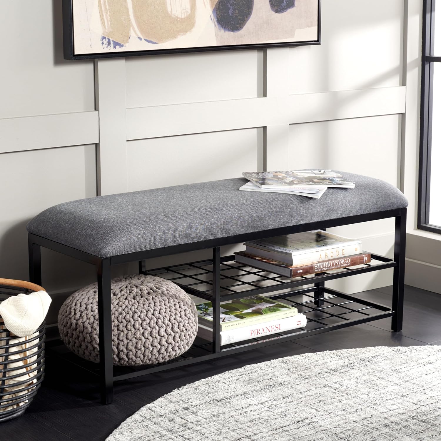 SAFAVIEH Home Collection Milligan Dark Grey/Black Open Shelf Bench with Cushion