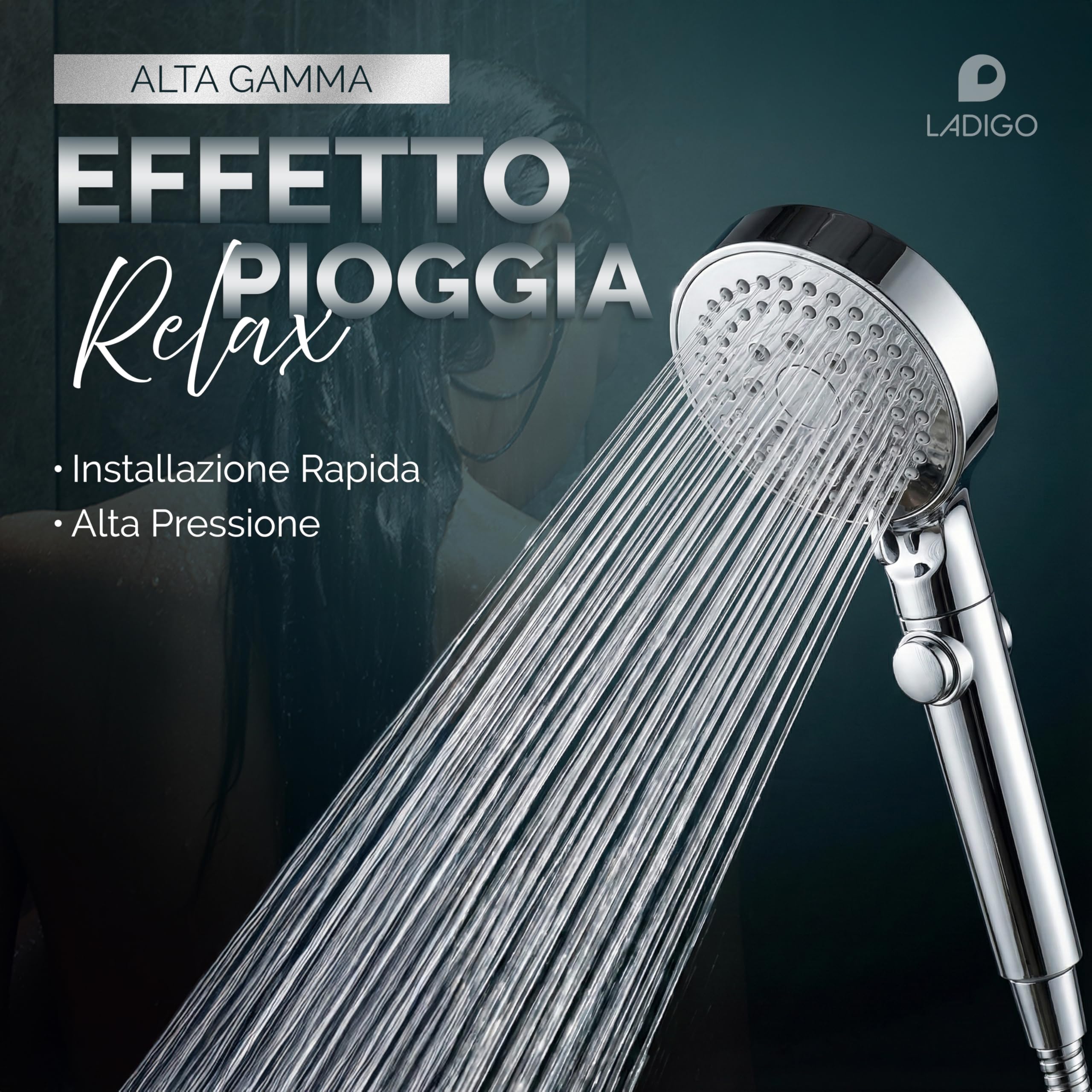 Soffione Doccia Alta Pressione Anticalcare con Tubo 200 cm e Supporto Universale