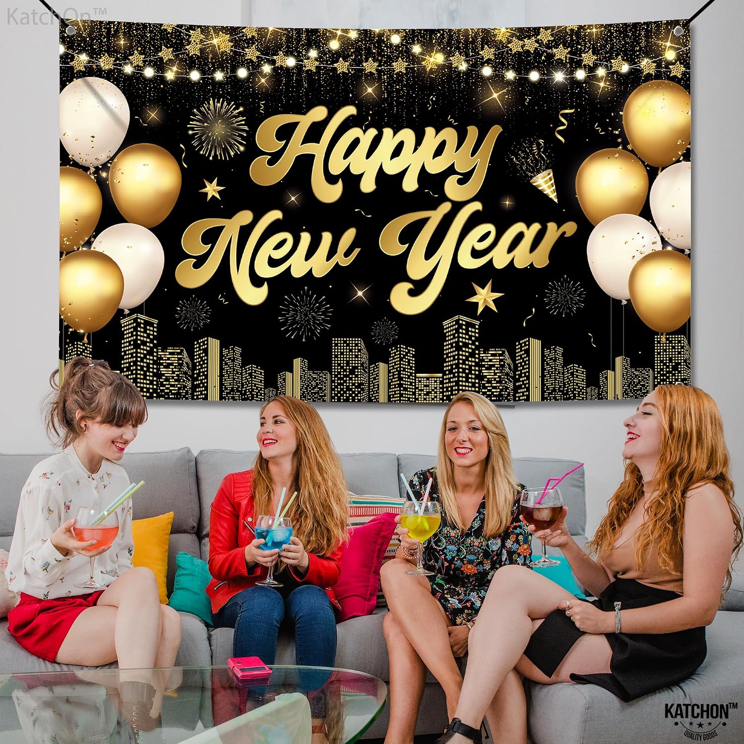 KatchOn, XtraLarge Happy New Year Banner - 72x44 Inch | Happy New Years Decorations 2026 | Happy New Year Backdrop, New Years Eve Party Supplies 2026 | New Years Eve Backdrop for NYE Decorations 2026