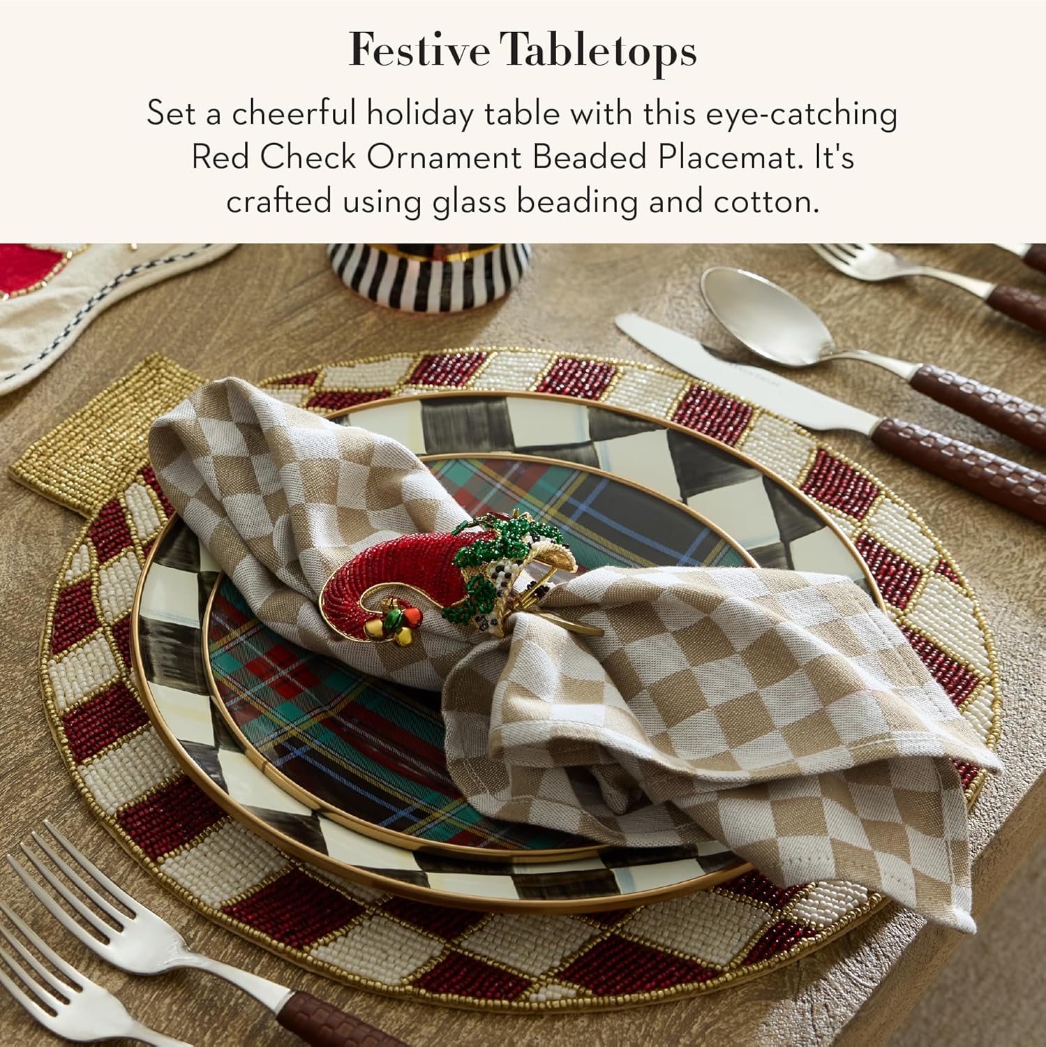 MACKENZIE-CHILDS Beaded Placemat, Indoor Table Mat, Red Check Ornament