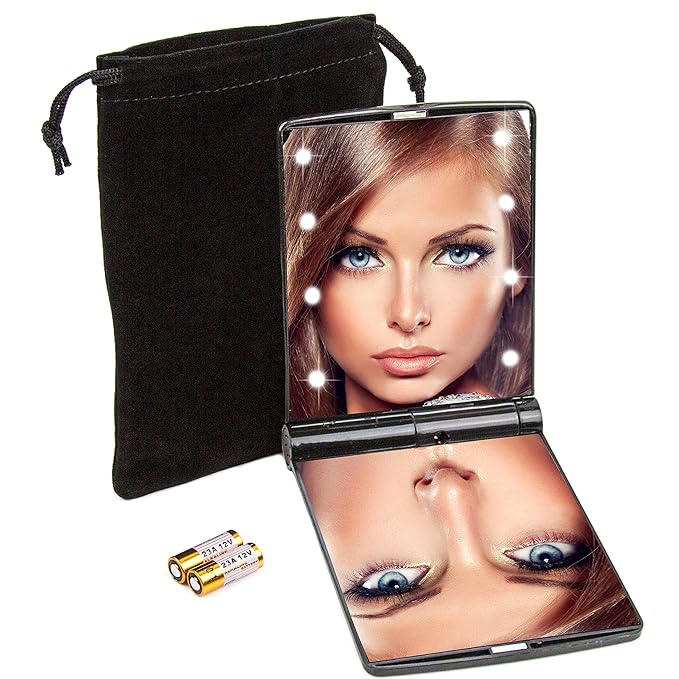 LED Travel Mirror Foldable Personal Makeup Beauty Vanity Lights 2X Magnified 8