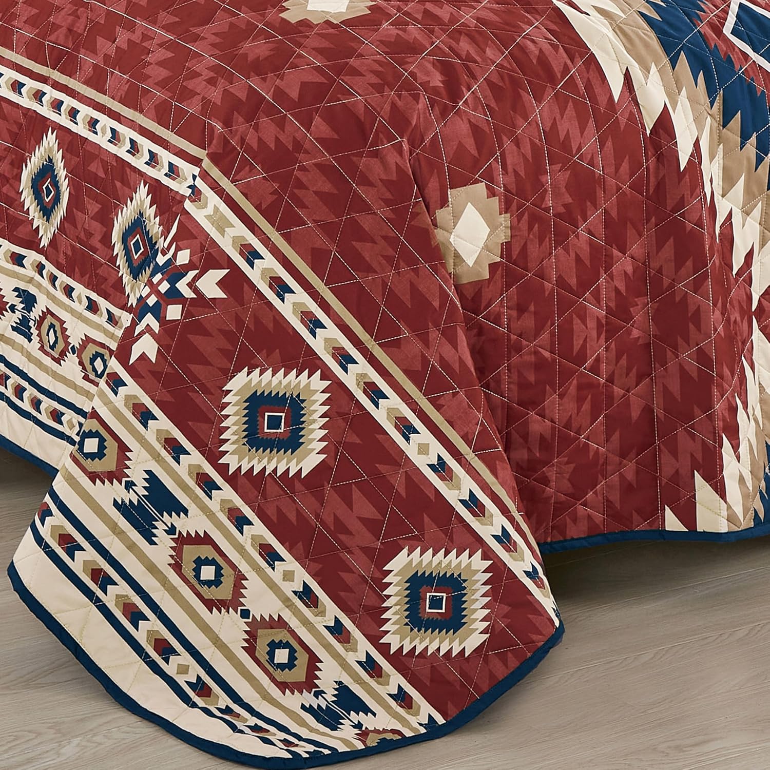 ESCA Quilt Set King - Rust Red & Navy Blue Southwestern Bedspread - Rustic Aztec Native American Print Bedding Set