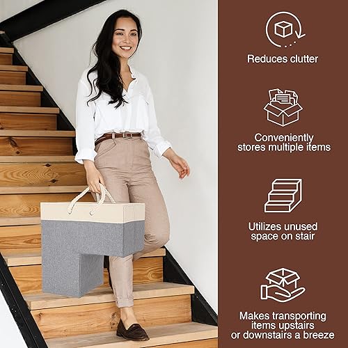 Miniatura 4 de SAM AND MABEL Cesta de escalera para escaleras de moqueta y de madera, cesta plegable con asas gruesas de cuerda de algodón, moderno organizador de