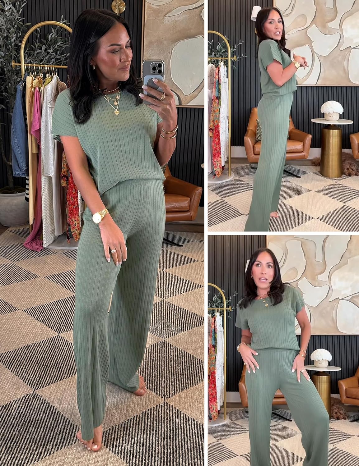 LTSCNRM Women's 2two Piece Outfits Sweater Sets Casual Loose Knit Crewneck Short Sleeve Tops Wide Leg Pants - Image 4