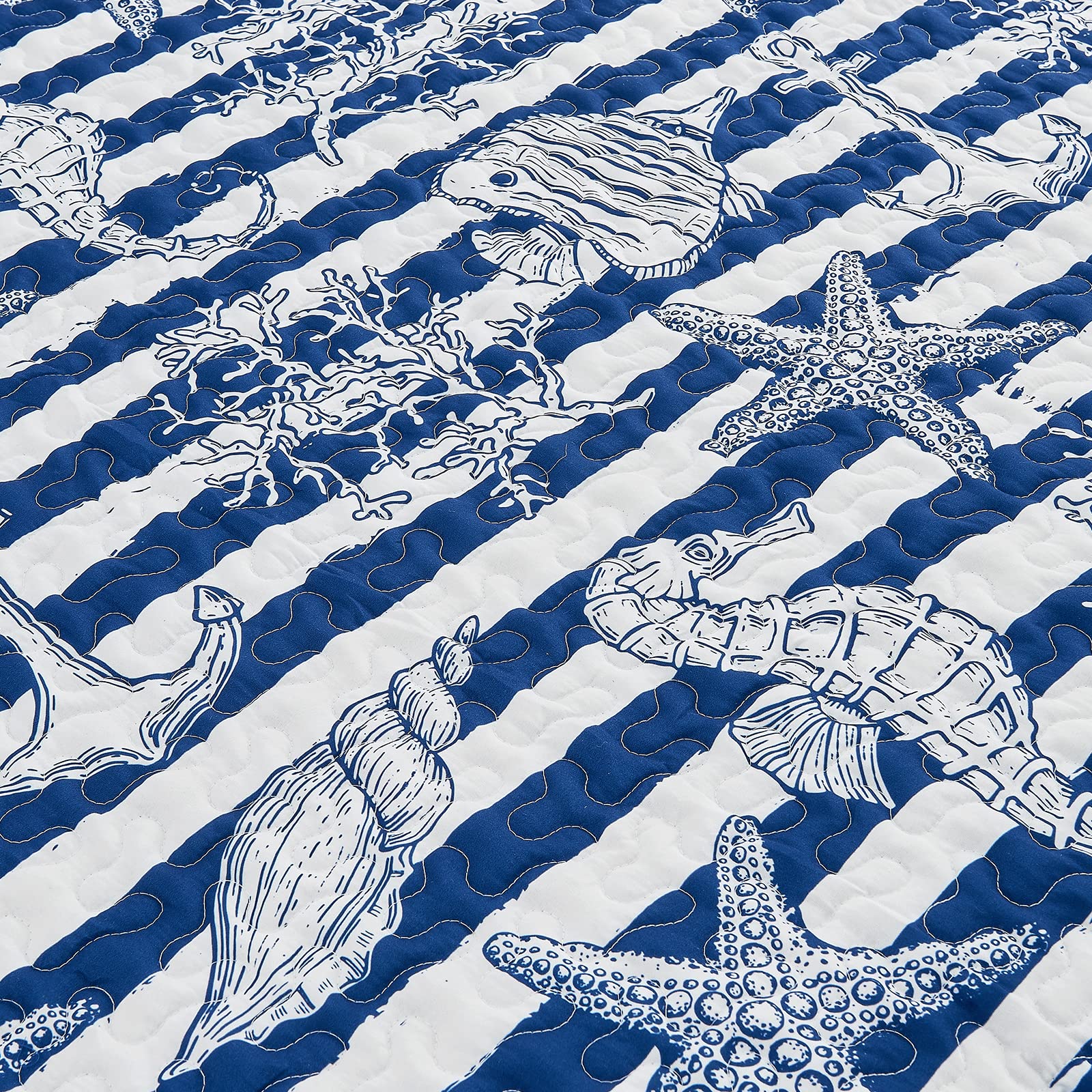 beeweed Coastal Quilt Set Queen Size 3 Pieces, Lightweight Microfiber Beach Bedspreads for All Season, Nautical Soft Summer Coverlet Set (1 Quilt, 2 Pillow Shams)