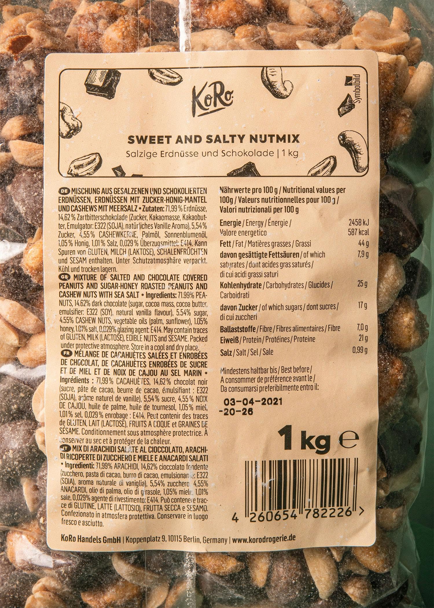 KoRo - Mix di frutta secca sweet & salty 1 kg - Arachidi, anacardi e cioccolato fondente - Vegan