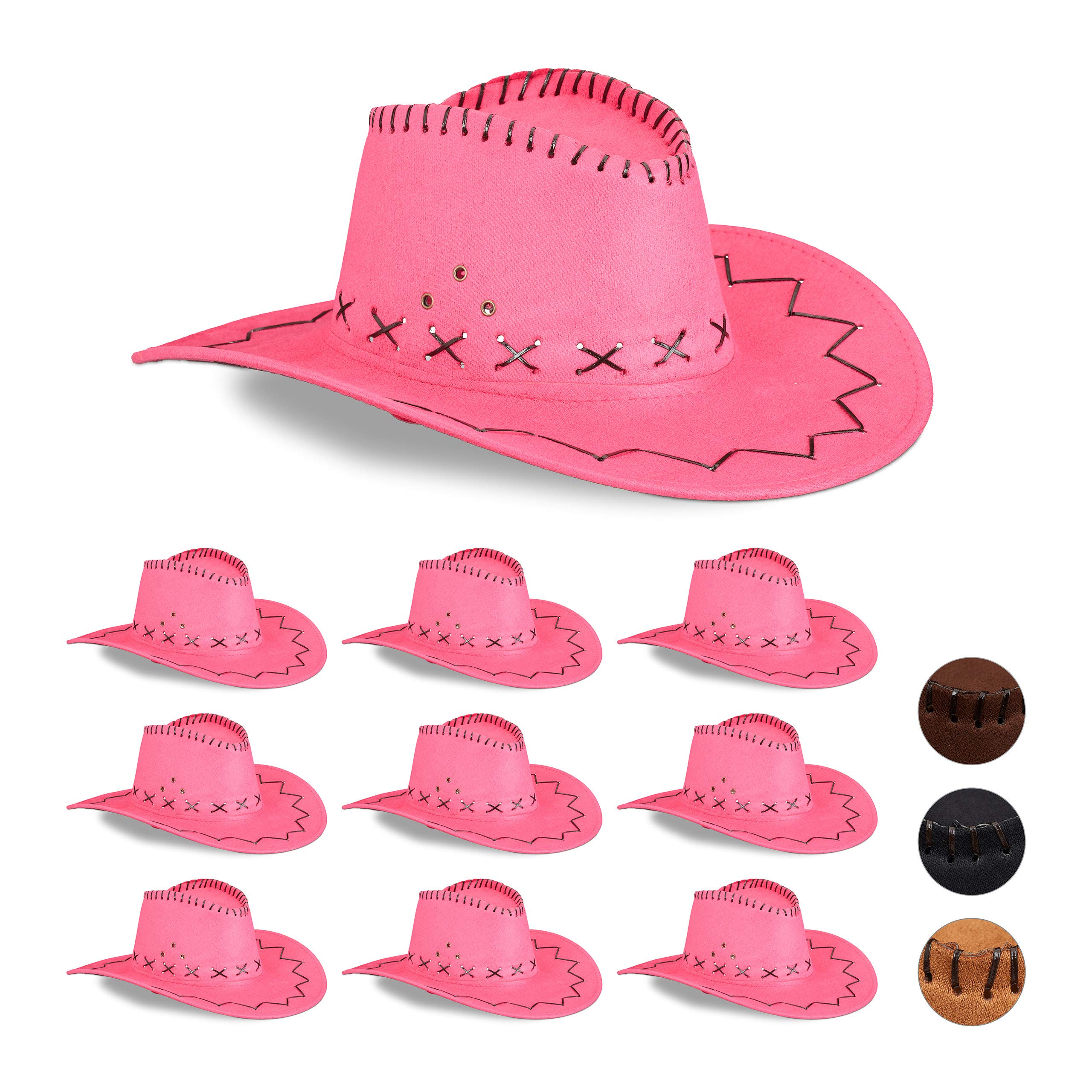 Relaxdays Set 10 Sombreros Vaquero, Poliéster, Rosa, 16 x 35,5 x 39 cm