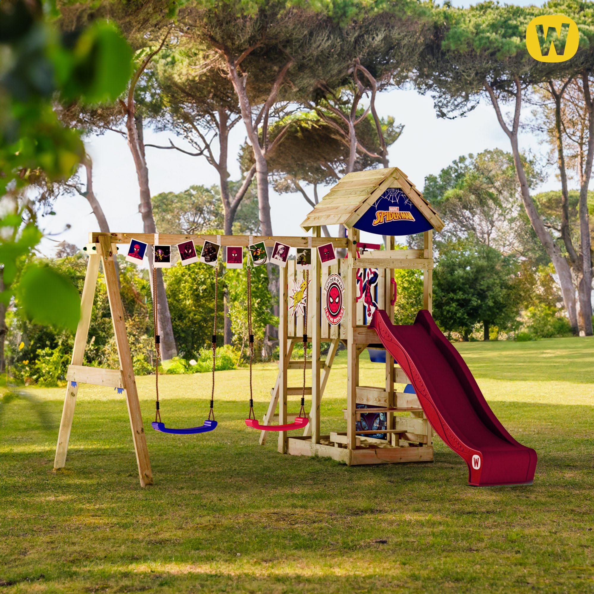 Marvel's Spider-Man Adventure Spielturm von Wickey - Klettergerüst, Kletterturm, Gartenspielgerät für Kinder - Outdoor Garten Spielplatz aus Holz mit Sandkasten