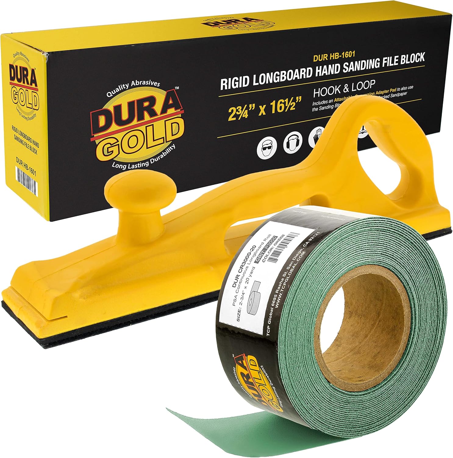 Dura-Gold Pro Series Rigid Longboard Hand Sanding File Block with Hook & Loop Backing and PSA Adapter Pad & 3000 Grit Green Sandpaper Roll, 2-3/4" Wide, 20 Yards Long