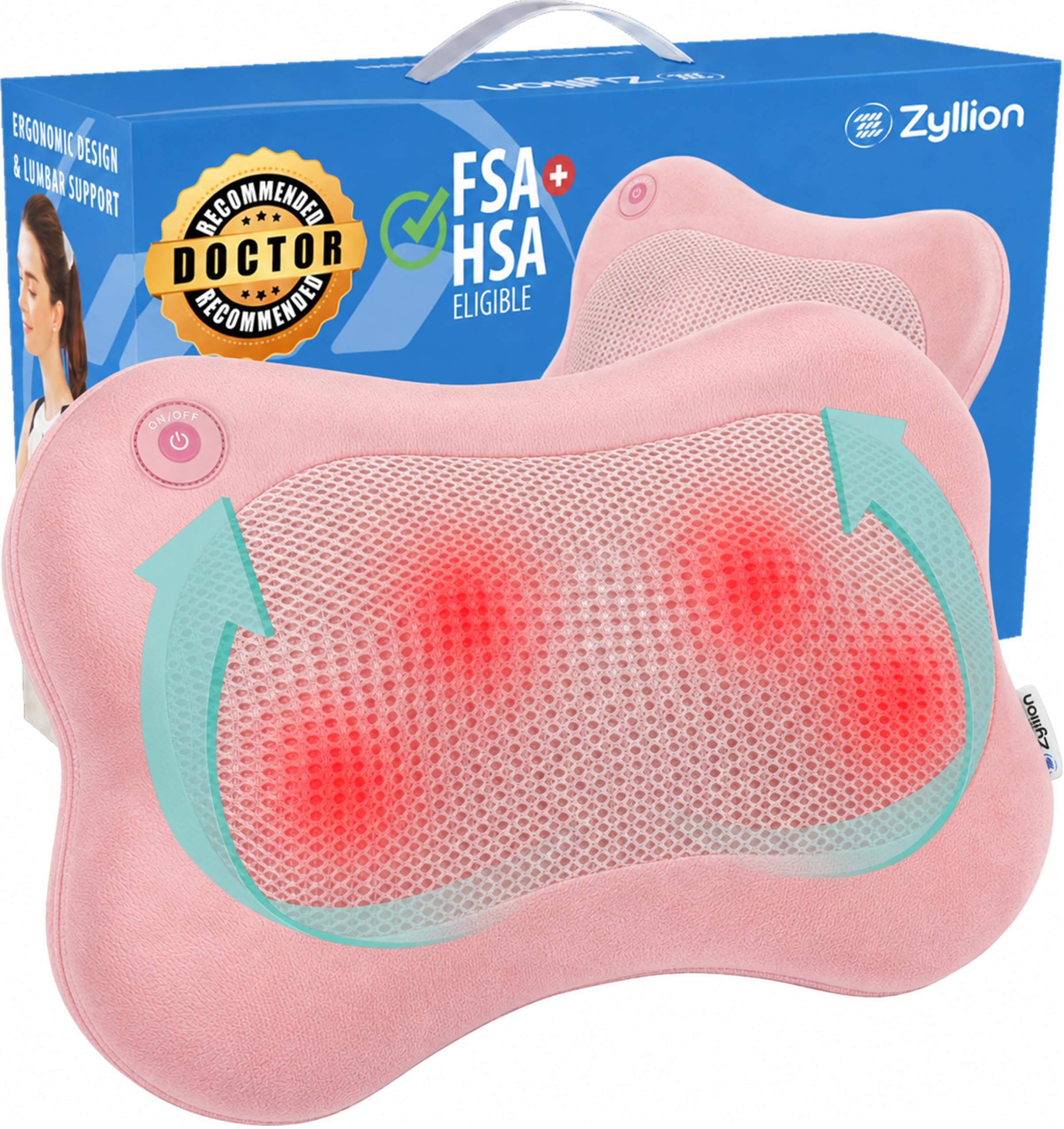 Zyllion ZMA-13 Back and Neck Massager with Heat for Pain Relief, Pink